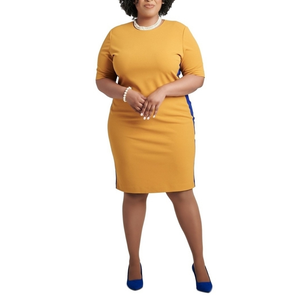 NWT Kasper Golden Mustard Colorblock Side Stripe Sheath Dress Plus Size 20